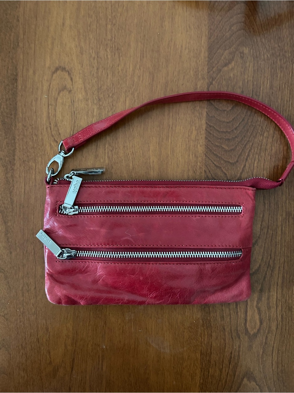HOBO Red Leather Wristlet Clutch with Dual Zippers